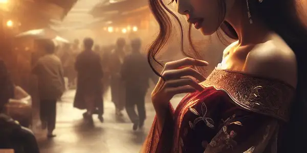 A romantic moment between a beautiful actress in a flowing dress, set against a chaotic historical Hong Kong street.