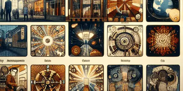 A modern digital interface displaying colorful thumbnails for Japanese AV films, featuring a search bar and classic film elements.