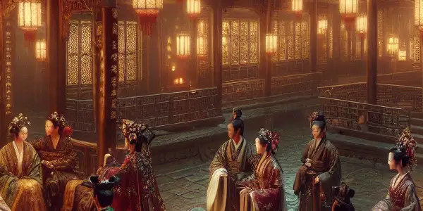 An intimate gathering of elegantly dressed characters in a lush, opulent ancient Chinese courtyard at twilight.