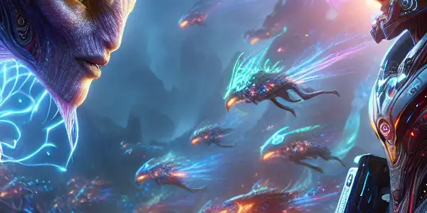 A dramatic confrontation between a Zerg Queen and a human commander in a vibrant, alien landscape.