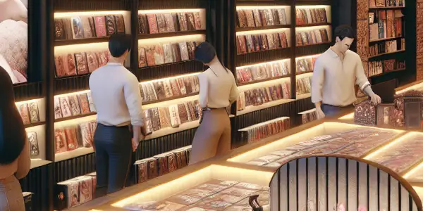 A modern adult entertainment store interior with diverse customers browsing high-quality adult videos and tasteful novelty items.