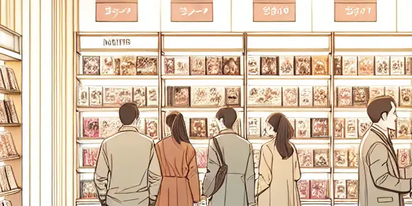 A contemporary adult entertainment store interior with diverse customers browsing stylish displays of videos and novelty items.