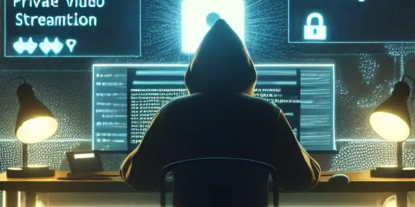 A young adult using a computer in a dimly lit room, focused on privacy and digital security.