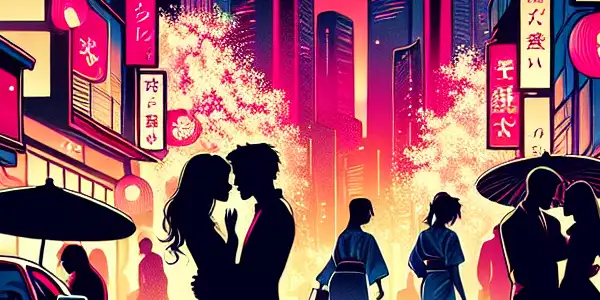 A vibrant urban scene depicting couples in intimate moments, illuminated by neon lights and cherry blossoms.