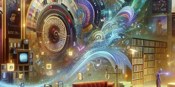 A futuristic streaming platform displaying a vibrant library of HD adult film thumbnails and dynamic digital elements.