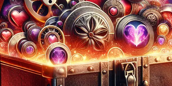 An ornate treasure chest overflowing with colorful media elements, symbolizing adult entertainment and exploration.