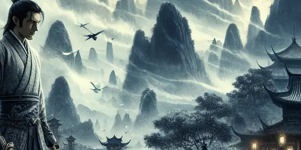 A lone swordsman stands ready for battle in a misty, ancient Chinese landscape, surrounded by mountains and a distant village.