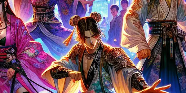 Five dynamic characters inspired by folklore engage in action amidst a vibrant, neon-lit Tokyo at night.