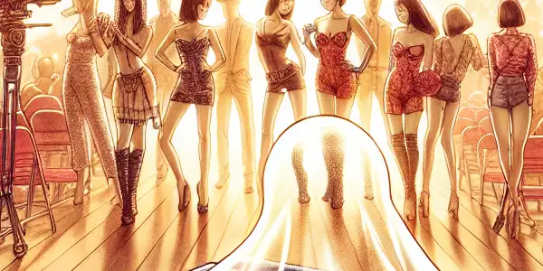 A vibrant film set featuring a close-up of a semi-transparent condom on a clapperboard, surrounded by energetic actors.