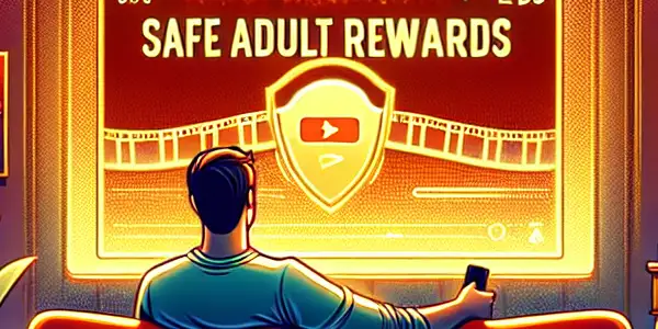 A cozy living room scene featuring a person enjoying a film, surrounded by symbols of rewards and safety.