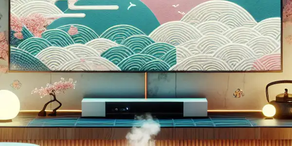 A cozy living room with soft lighting, abstract art on a screen, and symbols of relaxation.