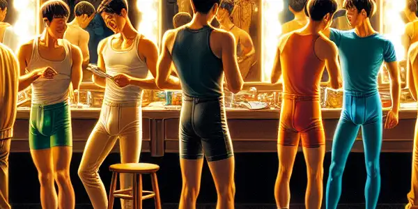 A vibrant dressing room scene showcasing diverse actors selecting safe, comfortable attire for the adult film industry.
