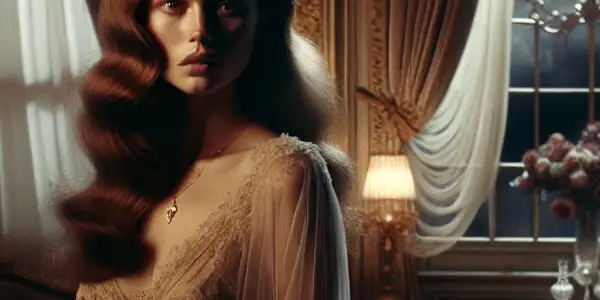 A mysterious woman in a luxurious bedroom gazes out a window, surrounded by romance and desire.