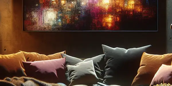 A cozy, dimly-lit room with a plush couch, movie projector, and classic film posters, evoking a movie night atmosphere.