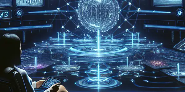 A futuristic control room focused on secure adult entertainment distribution, featuring screens, digital locks, and a relaxed viewer.