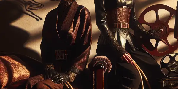 A mysterious, elegantly decorated room featuring a dominant figure in leather attire, surrounded by symbols of SM cinema.