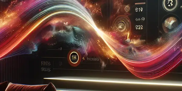 A luxurious home theater featuring a large screen displaying vibrant adult films, with plush seating and ambient lighting.