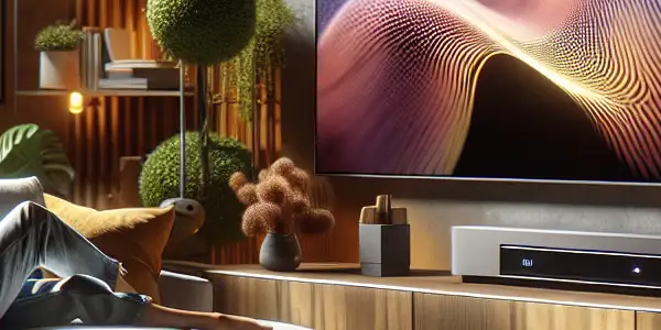 A cozy living room with a person relaxing on a sofa, watching abstract visuals on a high-definition screen.