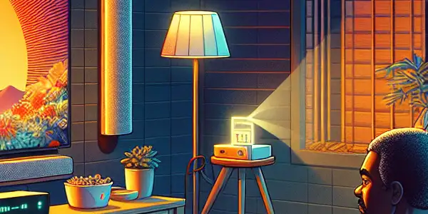 A cozy home theater with a viewer enjoying a Japanese film on a large screen, surrounded by snacks and warm lighting.