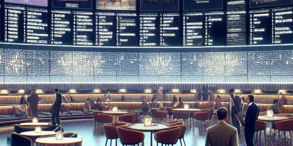 A modern, inviting library showcasing diverse adult films on high-definition screens with plush seating and ambient lighting.