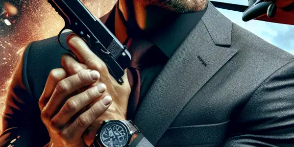 A muscular secret agent in a chaotic urban setting, balancing action and domesticity amidst explosions and hidden identities.