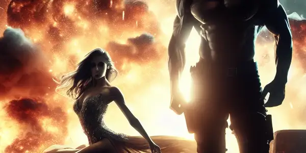 An action hero navigates a chaotic urban scene while a sensual dancer performs nearby, blending tension and allure.