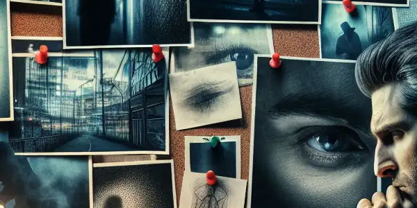 A brooding detective analyzes crime scene notes in a dimly lit urban setting, hinting at psychological complexities and suspense.