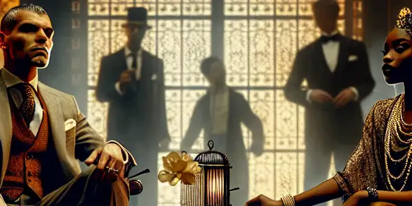 A dramatic interaction between an authoritative figure and a defiant character in an elegant, dimly lit room.