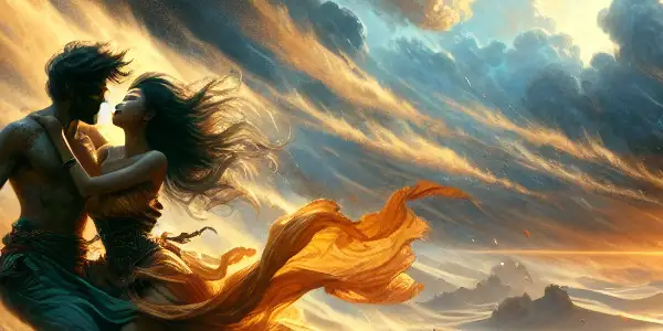 Two figures embrace passionately amidst a fierce sandstorm in a dramatic desert landscape.