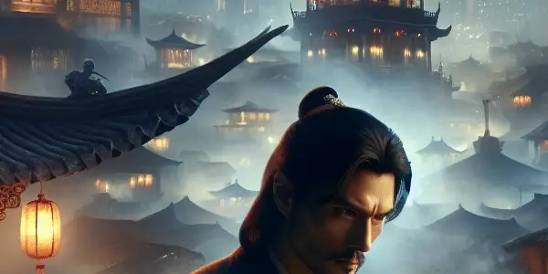 A charismatic detective in ancient China navigates a twilight cityscape filled with mystery and intrigue.