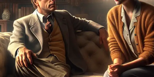 A mature man and young woman share a tense conversation in a cozy, warmly lit living room.