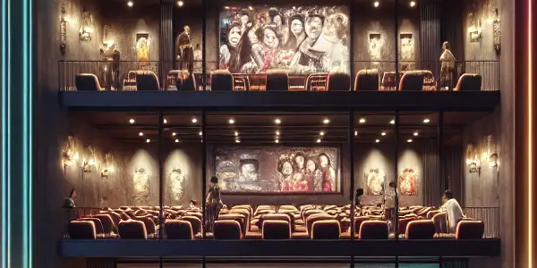 A modern cinema in Mianyang, China, illuminated at night, with discreet figures entering for a unique film experience.