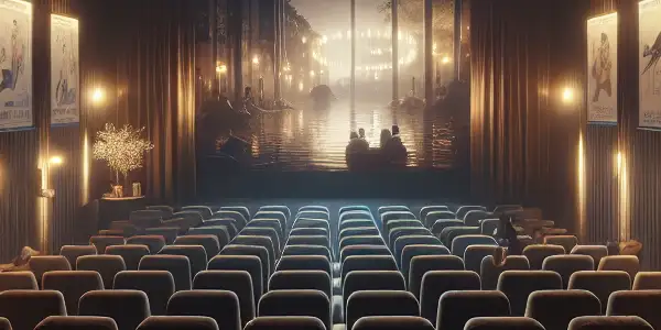 Cozy cinema interior in Mianyang with plush seats, soft lighting, and abstract visuals on screen.