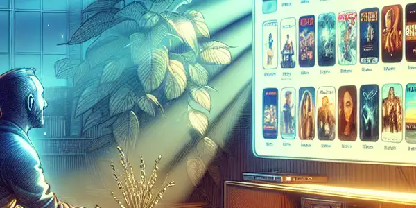 A cozy room with a user watching Japanese adult films on a sleek computer screen, surrounded by warm lighting and inviting decor.