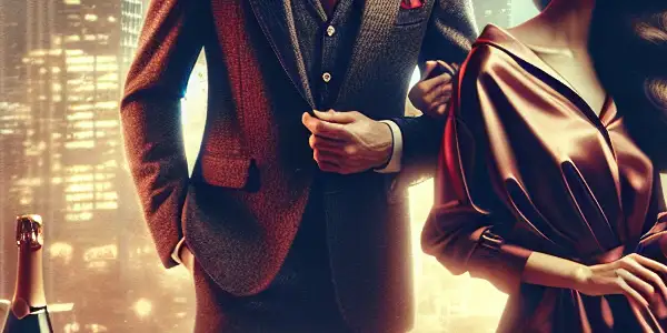 A romantic bedroom scene featuring a stylish couple sharing a playful glance, with rose petals and champagne.