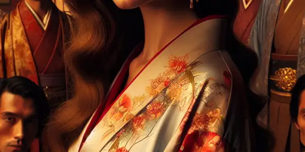 A beautiful woman in an ornate kimono surrounded by men in traditional attire, set in an opulent ancient palace.