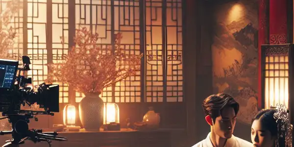 A couple shares an intimate moment in a warmly lit film studio, blending traditional Chinese motifs with modern romance.